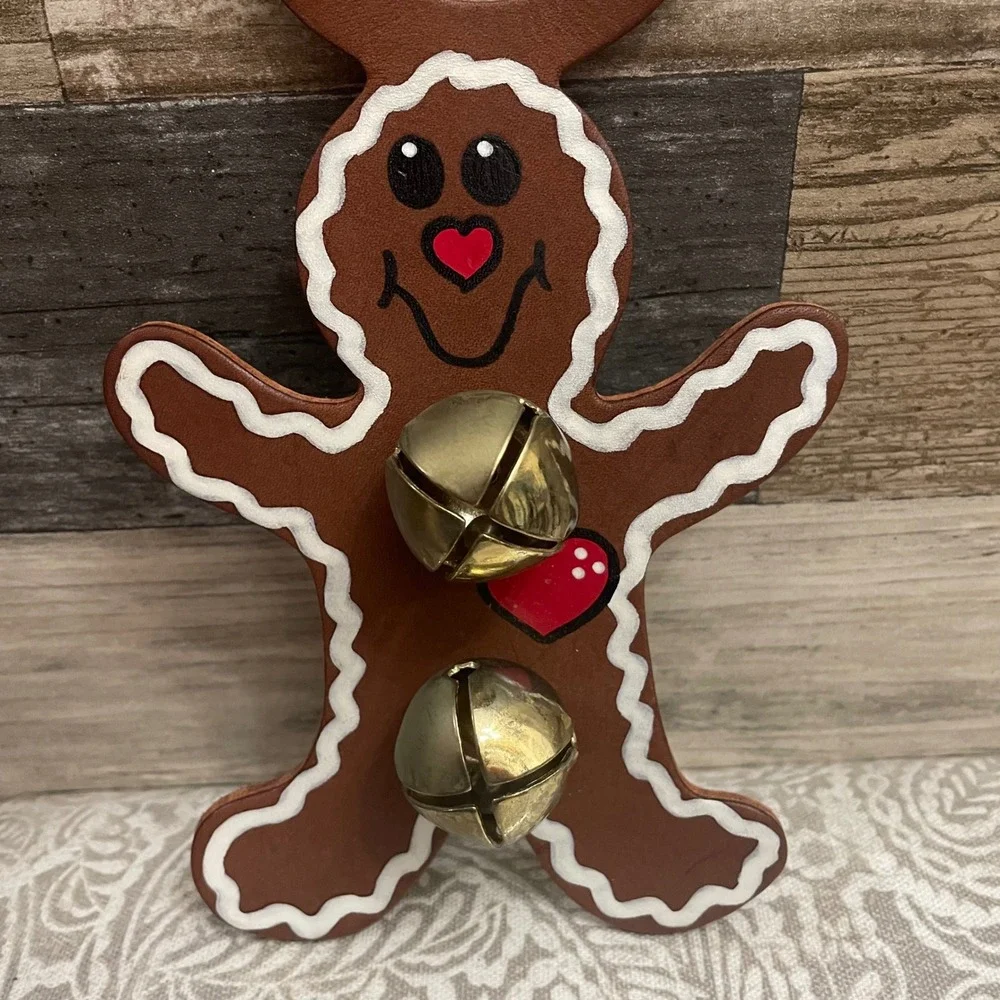 Christmas Gingerbread Man Leather‎ Door Hanger Bells Holiday Decoration